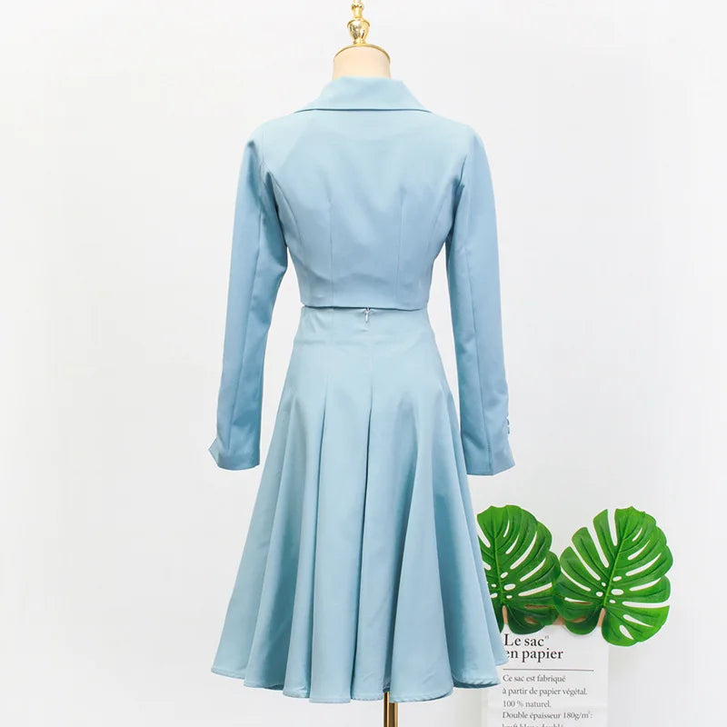 IU Lee Ji Eun blue slim Cardigan coat + High waist knee-length skirts