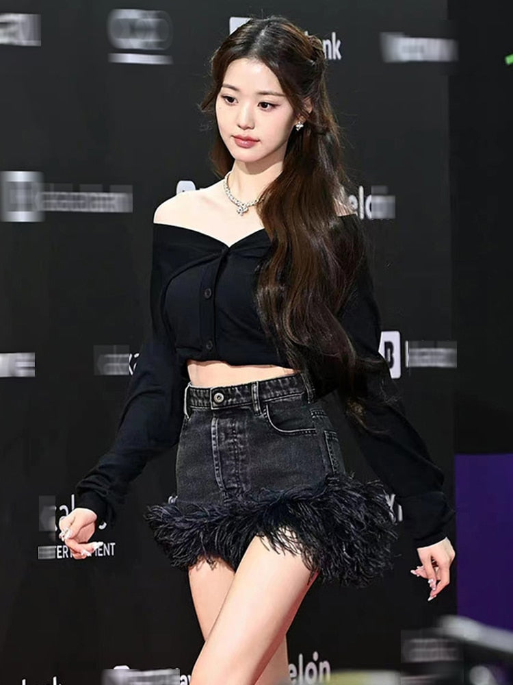 IVE Wonyoung Black Crop Top & Feather Skirt