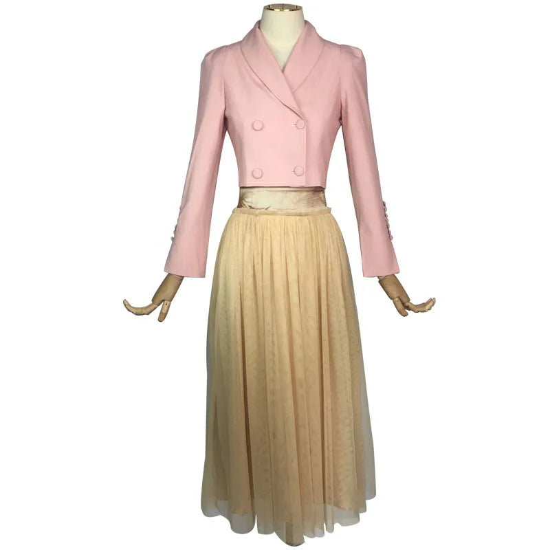 Park Min Young  Pink Short Blazer Jacket + Lace Elastic Long Skirt
