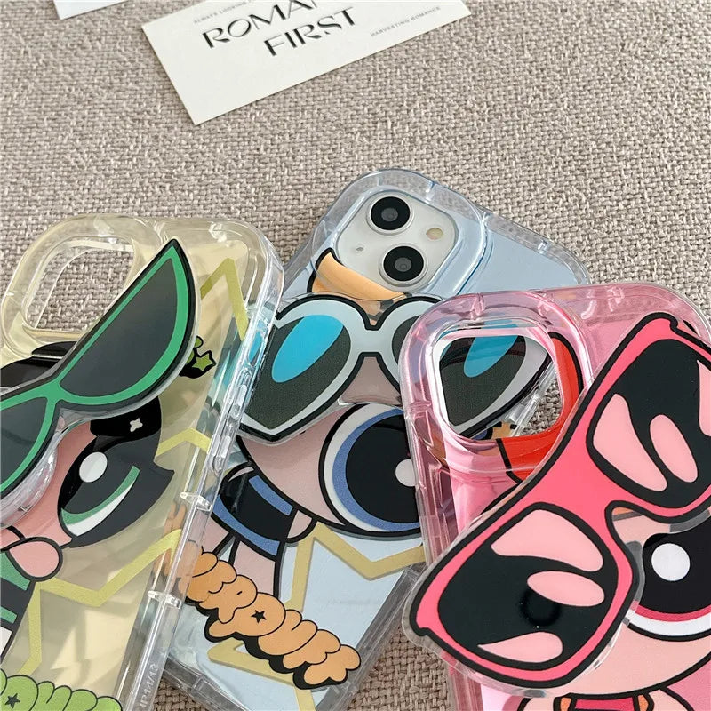 Cute Cartoon P-Powerpuff Girls sunglasses Cover for iPhone 11 12 13 14 15 Pro Max Plus X XS XR Soft Tpu Phone Case